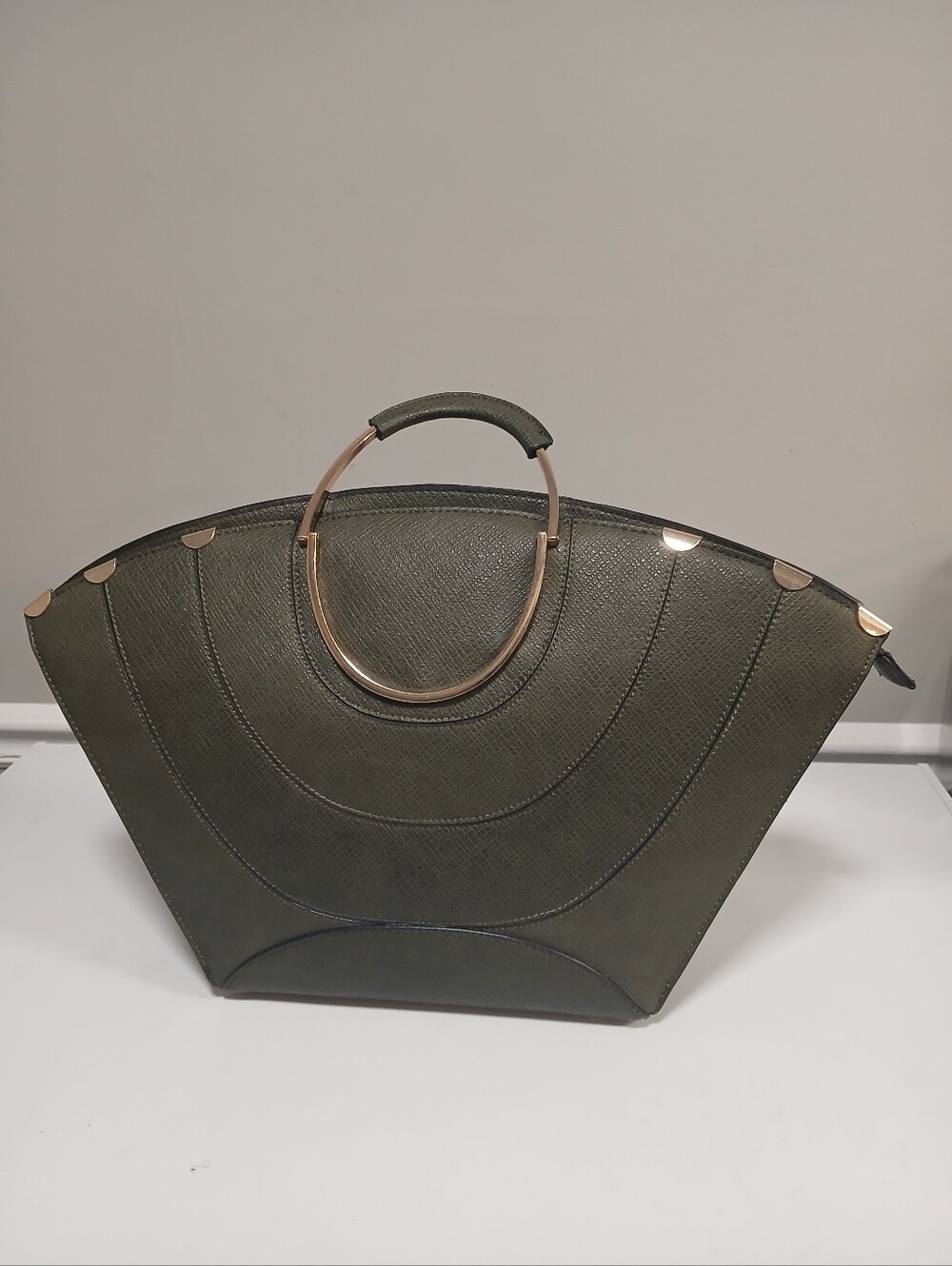 Olive Green Faux Leather & Gold Metal Handle Top Zip Structured Tote Purse